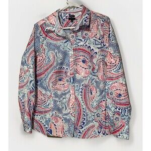 Talbots Women's Non-Iron Blue Pink Paisley Button Blouse Size 14